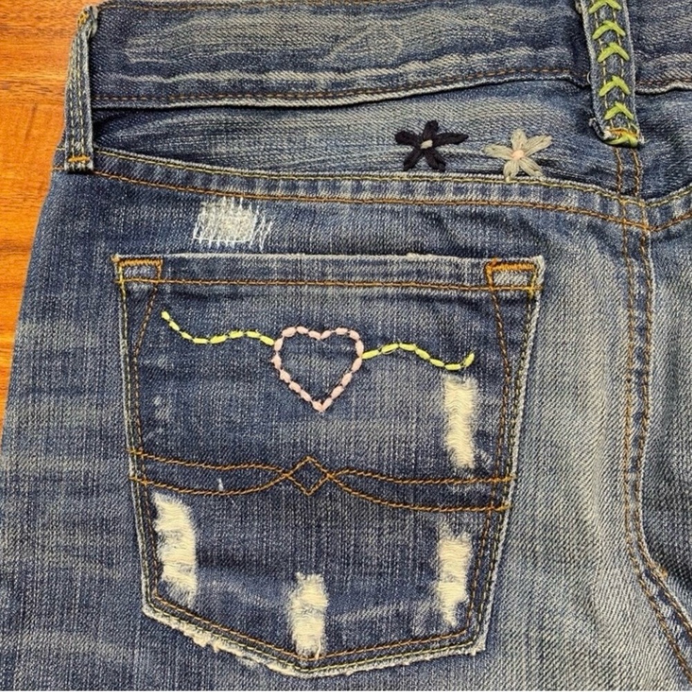 Lucky Brand Y2K Zoe Embroidered Patchwork Denim Mini Skirt Size 00 Boho Western - Picture 10 of 16